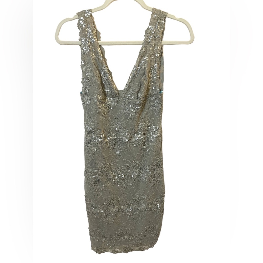 Marciano grey/silver sequin lace beaded cocktail dress, size XS